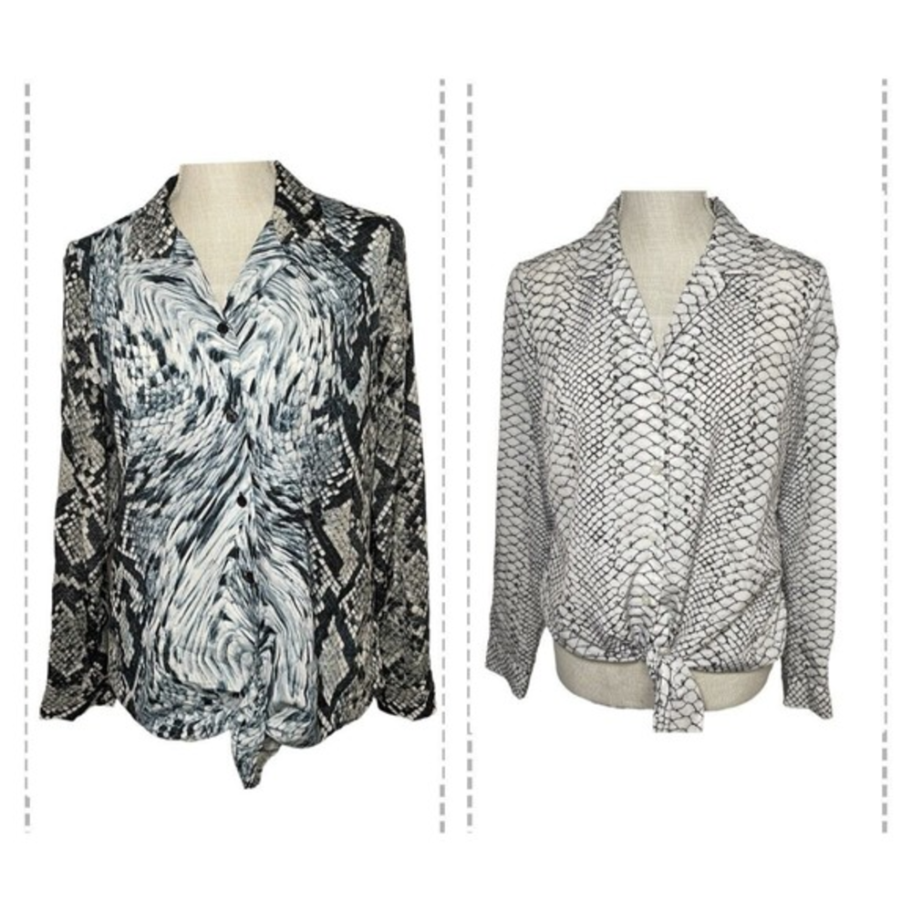 MICHAEL KORS Snake Print Button Down‎ Silver Blue Blouse Tie Front Bundle Sz M